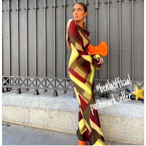 VIRAL ZARA PRINTED MAXI DRESS TULLE BROWN GREEN MULTI - Picture 6 of 16